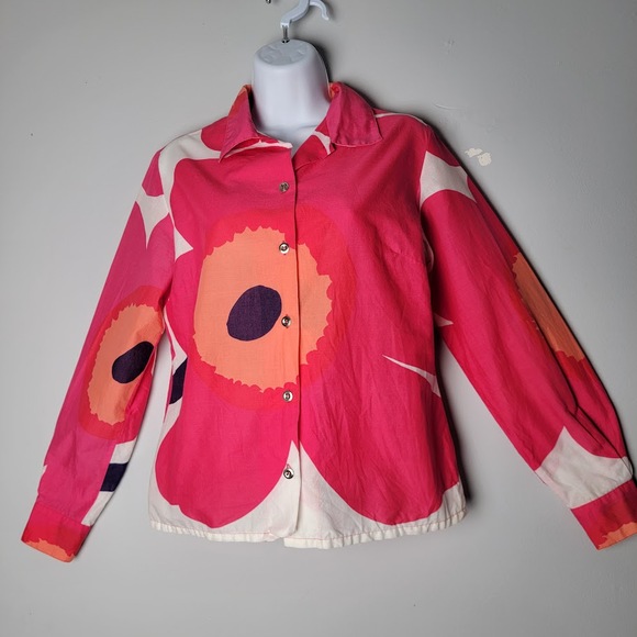 Marimekko Unikko Poppy Print Blouse Small Pink Orange Floral Button Shirt VTG - Picture 1 of 9